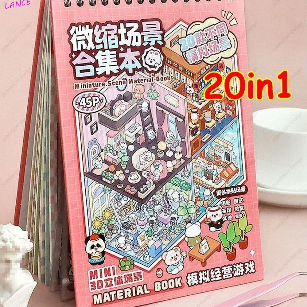 หนังสือสติกเกอร์แนวนอน LANCE, 20in1 การ์ตูน 3D สติกเกอร์ฉากชุด, Kawaii ฟรีรวมกัน Tear-proof DIY Cabi