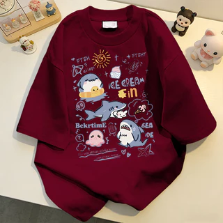 NFV สไตล์เกาหลี✨เสื้อยืดแขนสั้นคอกลม ลายพิมพ์ปลาฉลามตัวน้อย ใส่สบายไม่รัดตัว ระบายอากาศ YG1332