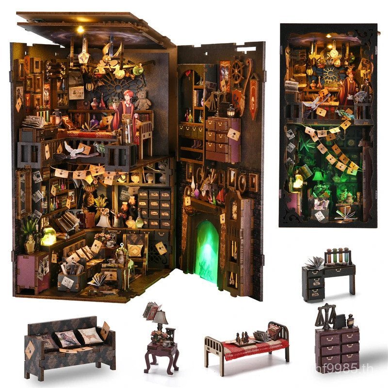 หนังสือ DIY Nook Kit 3D ปริศนาไม้ตกแต่งบ้าน DIY House Kit สําหรับชั้นวางหนังสือ Miniature ใส่ Magic 