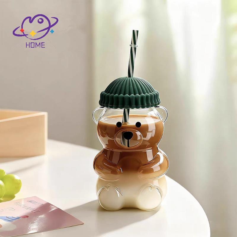 [mayhome] 550ML แก้วกาแฟรูปหมีการ์ตูนแก้วหมีน่ารักถ้วยพลาสติก PET พร้อมฟางโปร่งใสสร้างสรรค์นมกาแฟถ้วยน้ําของขวัญในอุดมคติ {TH}
