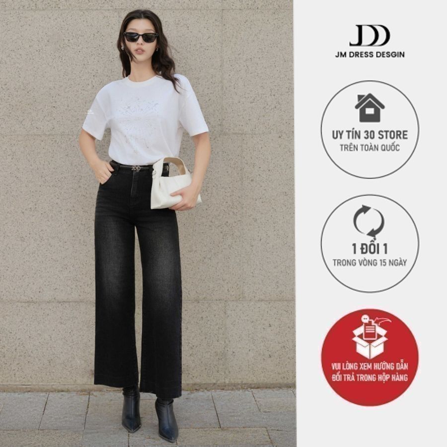 กางเกงชายบานพิมพ์ลาย 3J01.2506DN. กางเกงยีนส์ผู้หญิงเอวสูงสีดําล้างแสงที่ออกแบบโดย JM Dress Design