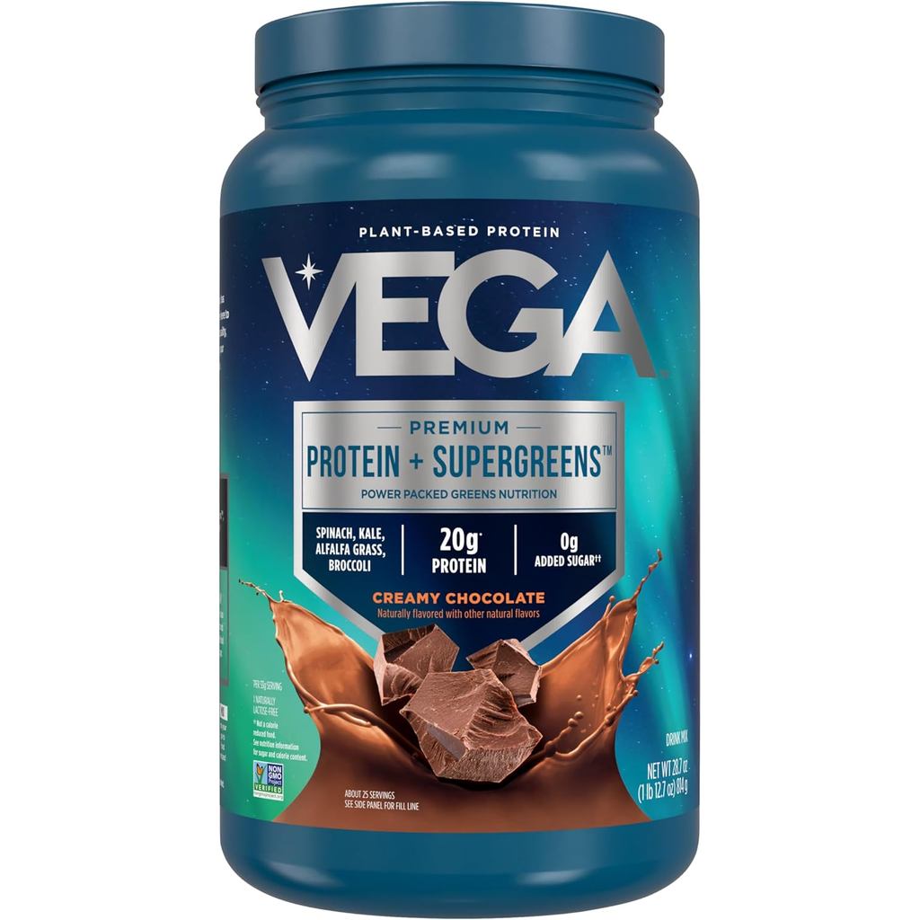 Vega Protein + Supergreens - โปรตีนจากพืช 20g ช็อคโกแลต เสิร์ฟ 25 ชิ้น ผักแท้ คีโตมังสวิรัติ 0g เพิ่