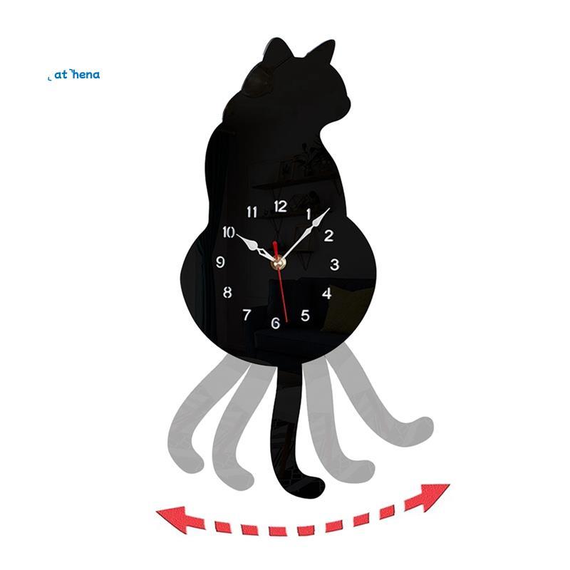 athena55Black-Cat Pendulum Wall Clock,นาฬิกาแมว,นาฬิกาแมวที่มีการย้ายหาง,แมวแกว่ง,Whimsical Funny Wa