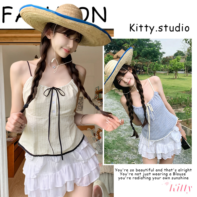 Kitty พร้อมส่ง🌸ครอปสายเดี่ยว🌸ลายทางแนวตั้ง สีคอนทราสต์ สายปรับได้ สไตล์เรียบหรู ดูแพง แมทช์ทุกโอกาส ฮิตติดเทรนด์