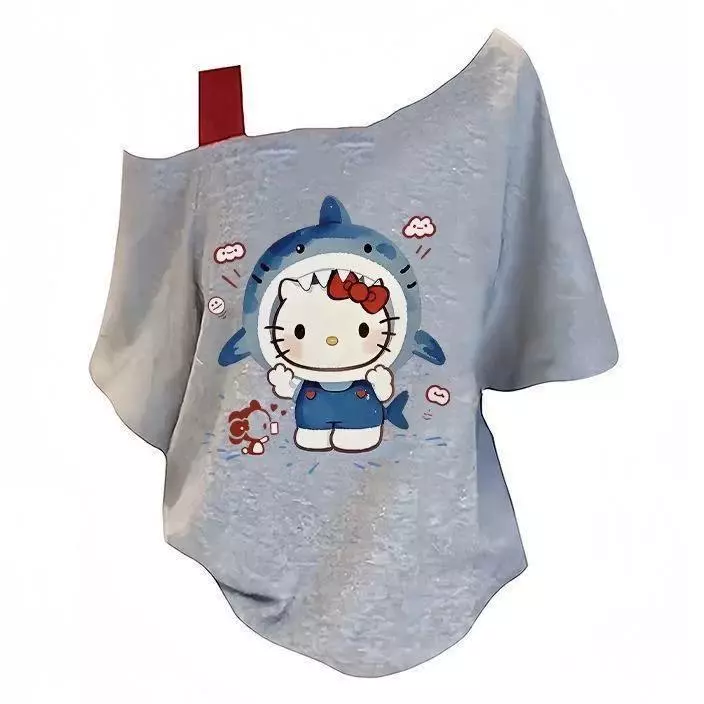 COD✅ เสื้อยืดแขนสั้นคอเอียง ดีไซน์ Fake Two-Piece ลายการ์ตูน ทรงหลวม ซ่อนหุ่นได้ สไตล์แคชชวล | ผู้หญิง ใส่ได
