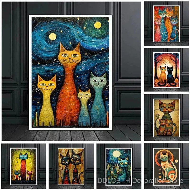 FF6C การ์ตูน Cat Art โปสเตอร์พิมพ์สําหรับห้องนั่งเล่นตกแต่งบ้านการ์ตูนสัตว์ภาพประกอบบทคัดย่อลูกแมวผ้