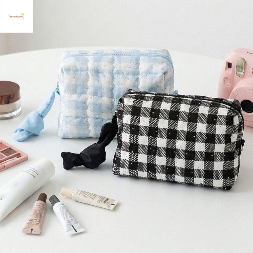GOURMETGALORE กระเป๋าเครื่องสําอางลายตารางหมากรุกความจุขนาดใหญ่กระเป๋าแต่งหน้าลายตารางหมากรุกแบบพกพา