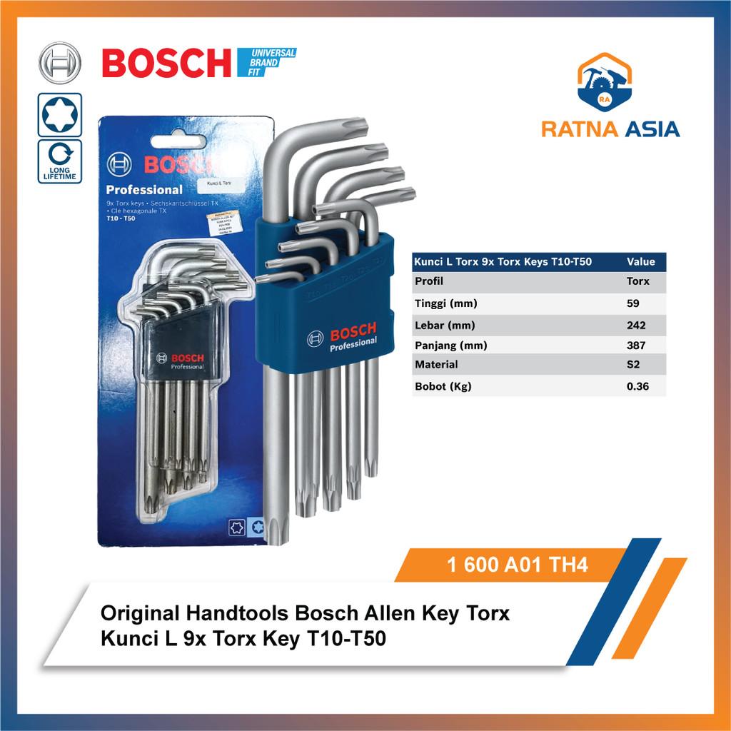 Bosch Allen Key Torx Key L 9x Torx Key Set Size T10-T50 Original Bosch Handtool