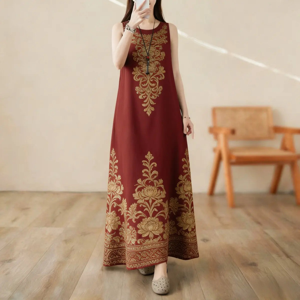ชุดเดรสแขนกุดสำหรับผู้หญิง ดีไซน์หลวมและสง่า มีลายพิมพ์สวยงาม