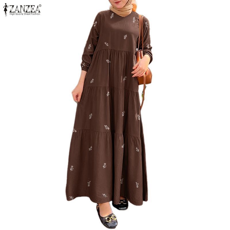 ZANZEA ผู้หญิงมุสลิม Retro Pastoral สไตล์รอบคอแขนโคมไฟพิมพ์ลายดอกไม้ Layered Splicing ชุด