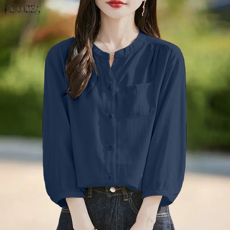 ZANZEA เสื้อผ้าแฟชั่นเกาหลีสำหรับผู้หญิง ออกแบบมาสำหรับต้นฤดูใบไม้ผลิ ทรงคอกลม แขนสาม_quarter สไตล์เสื้อปักกระดุมแถวเดียวสีทึบ — صورة 4