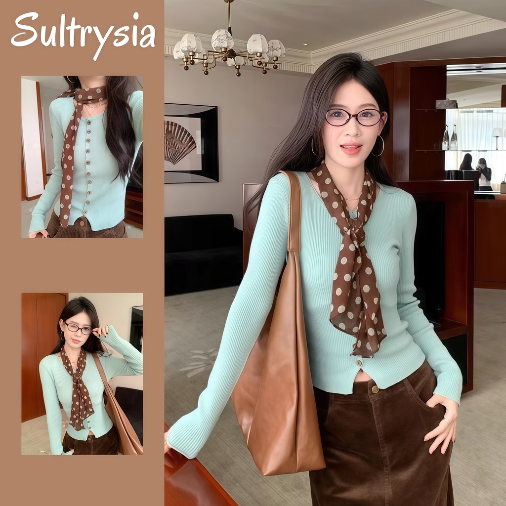 SultrySia เสื้อแขนยาวผู้หญิง คอกลม สไตล์ลำลอง ใส่สบาย สีเขียว สไตล์เกาหลี ผ้าพันคอจุดสีน้ำตาล น่ารักมาก “FY7106#1” ราคา ถูกที่สุด ดีลบีเคเค