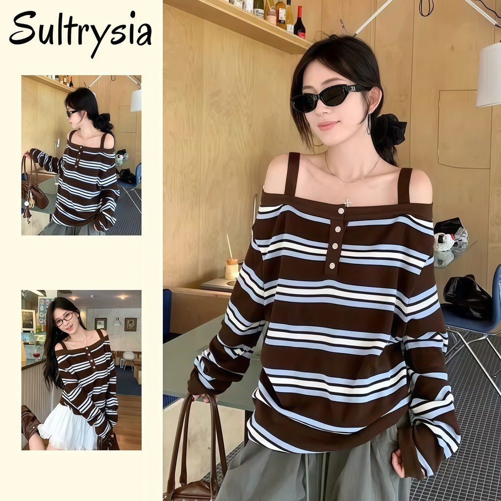 SultrySia เสื้อผู้หญิง ลายทางสีน้ำตาล เสื้อเปิดไหล่ ใส่สบาย สไตล์ลำลอง สไตล์เกาหลี เรียบง่าย FY5088-0