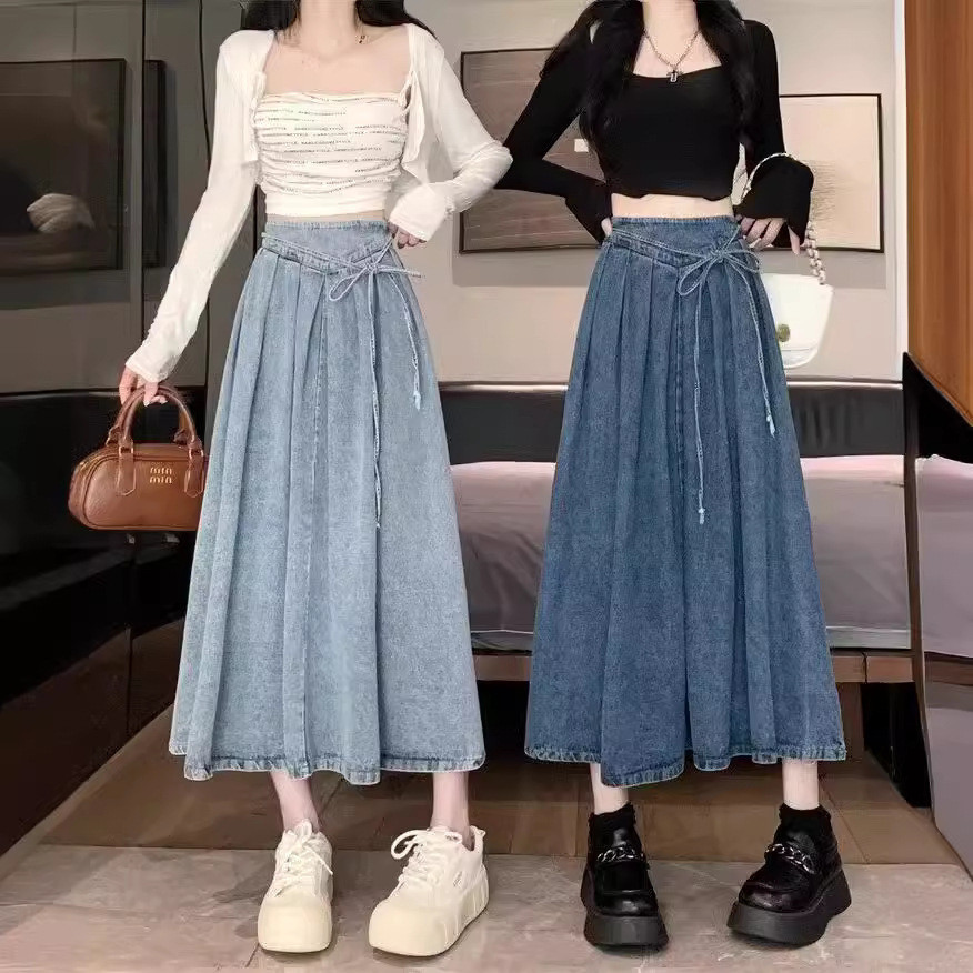 Plus Size(40-150kg) 大码复古天丝牛仔半身女夏 มม.松腰裙a长裙 bigsize oversize ขนาดใหญ่ CNY