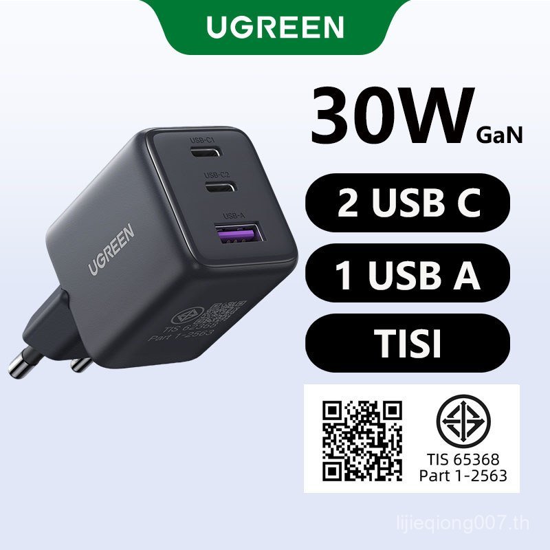 UGREEN NexodeUGREEN GaN 30W Fast Charger 3-Port (2 USB-C + 1 USB-A) PD3.0 QC3.0 สําหรับ 17 16 Pro Ma