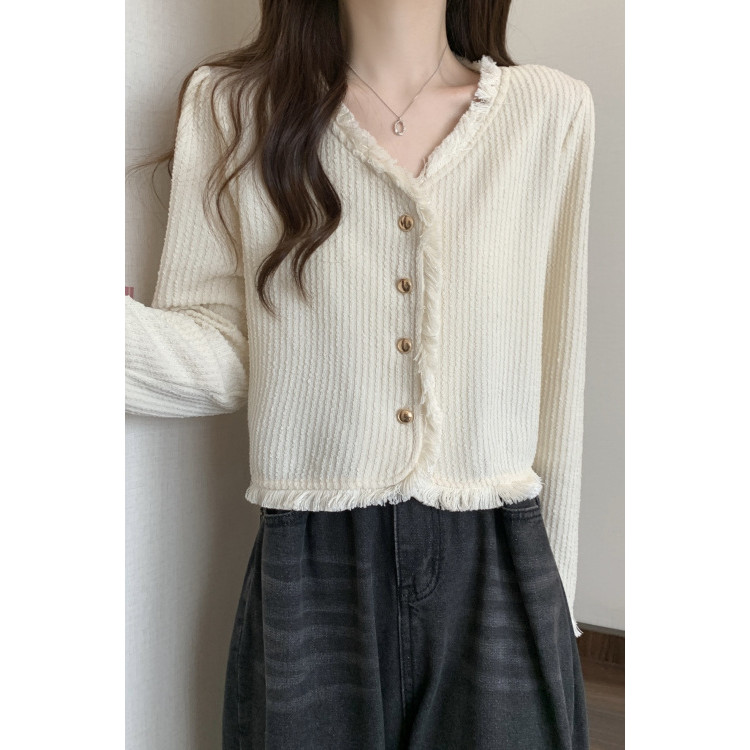 COD 2026 Chanel สไตล์ Classy V คอขอบเสื้อแขนยาวฤดูใบไม้ร่วงเกาหลีรุ่น Retro All-Match เสื้อสเวตเตอร์