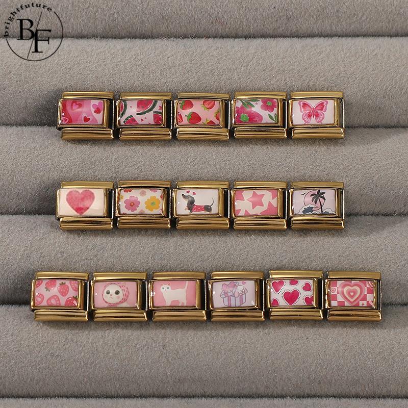 สร้อยข้อมือสแตนเลส ฐานชมพูสีทอง อิตาลีสไตล์ กว้าง 9 มิลลิเมตร DIY ย้อนยุค เพิ่มความโดดเด่น