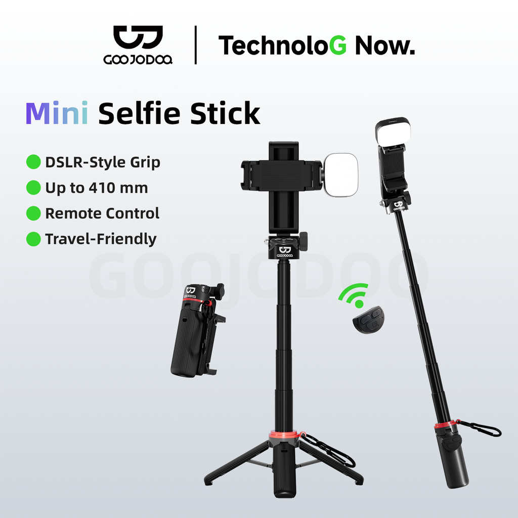 GOOJODOQ ไม้เซลฟี่ขนาดเล็กปรับมุมได้บลูทูธรีโมทคอนโทรลพับเพียง 130 มม. ขยายถึง 410 มม.