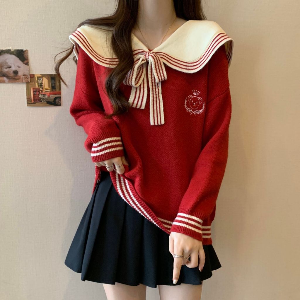 COD 2026 Navy Collar ไหล่อย่างเป็นทางการเสื้อถักสีแดงผู้หญิงฤดูใบไม้ร่วง Plus ขนาดไขมันมม.Slimmer ดู