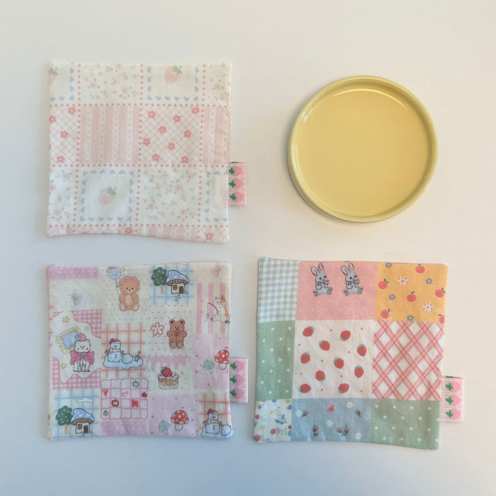 Ins น่ารักสดขนาดเล็กการ์ตูนสัตว์ Patchwork ดอกไม้สตรอเบอร์รี่ตกแต่ง Coaster อุปกรณ์ประกอบฉากภาพ