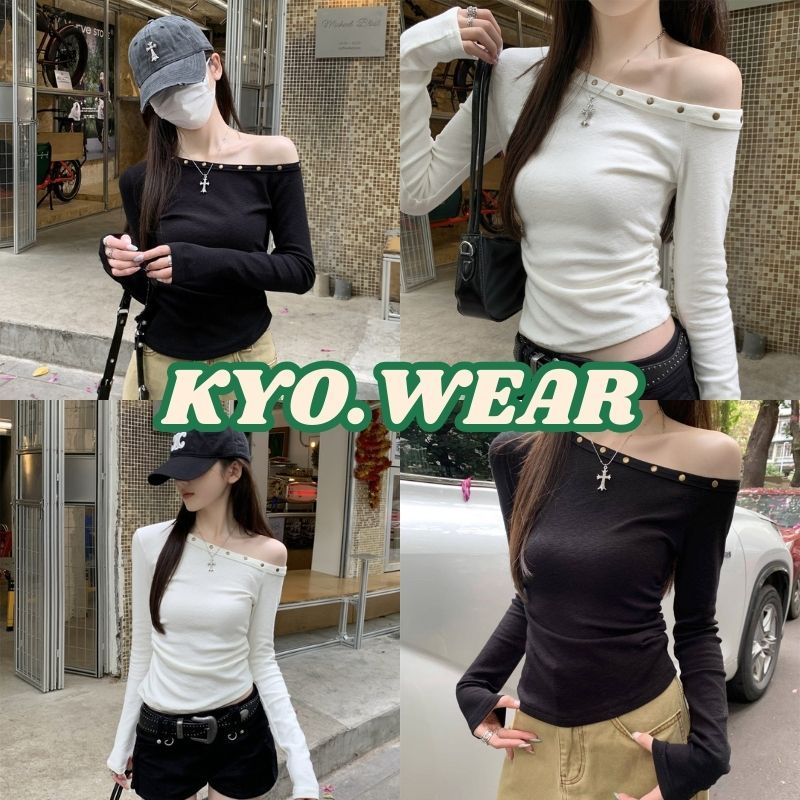 KYO เกาหลีสไตล์เสื้อแขนยาวเสื้อแขนยาวปาดไหล่สีพื้น ตกแต่งหมุด ดีไซน์เอวจีบ ผ้าCOTTON โคตรนุ่มเสื้อ