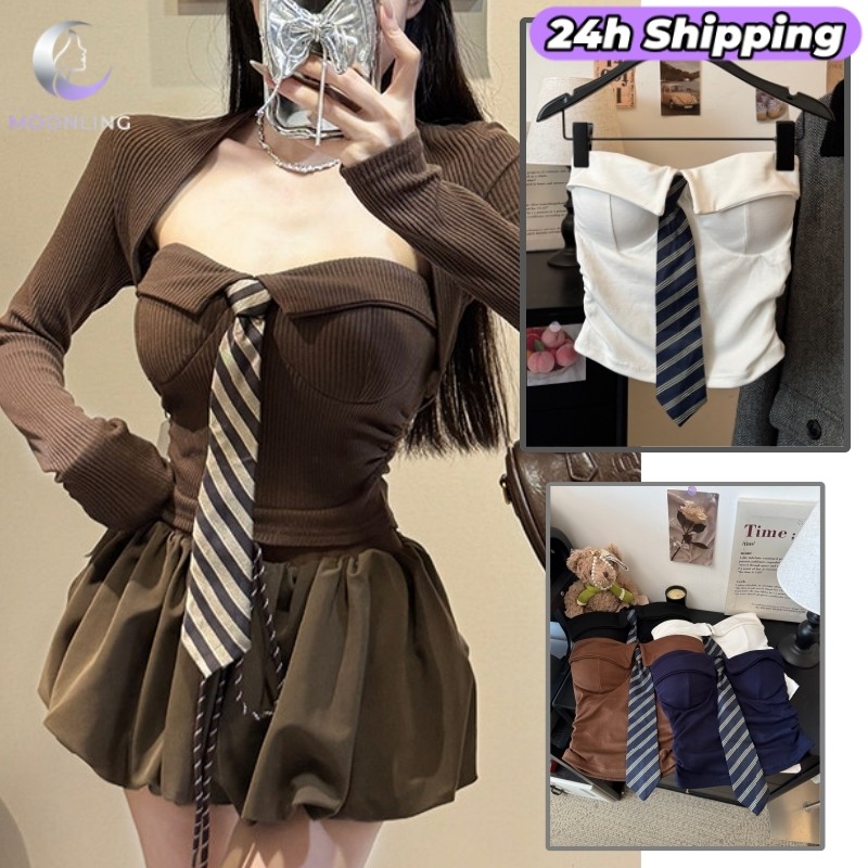 MOON 'พร้อมส่ง' เสื้อเกาะอก เสริมฟองน้ำ ดีเทลแต่งเนคไท สีพื้นสไตล์สาวจีน FY5608