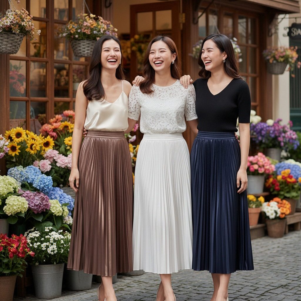 กระโปรงผู้หญิงทรงยาวคลุมเข่าอัดพลีทสวยสง่าทุกมุมมอง
