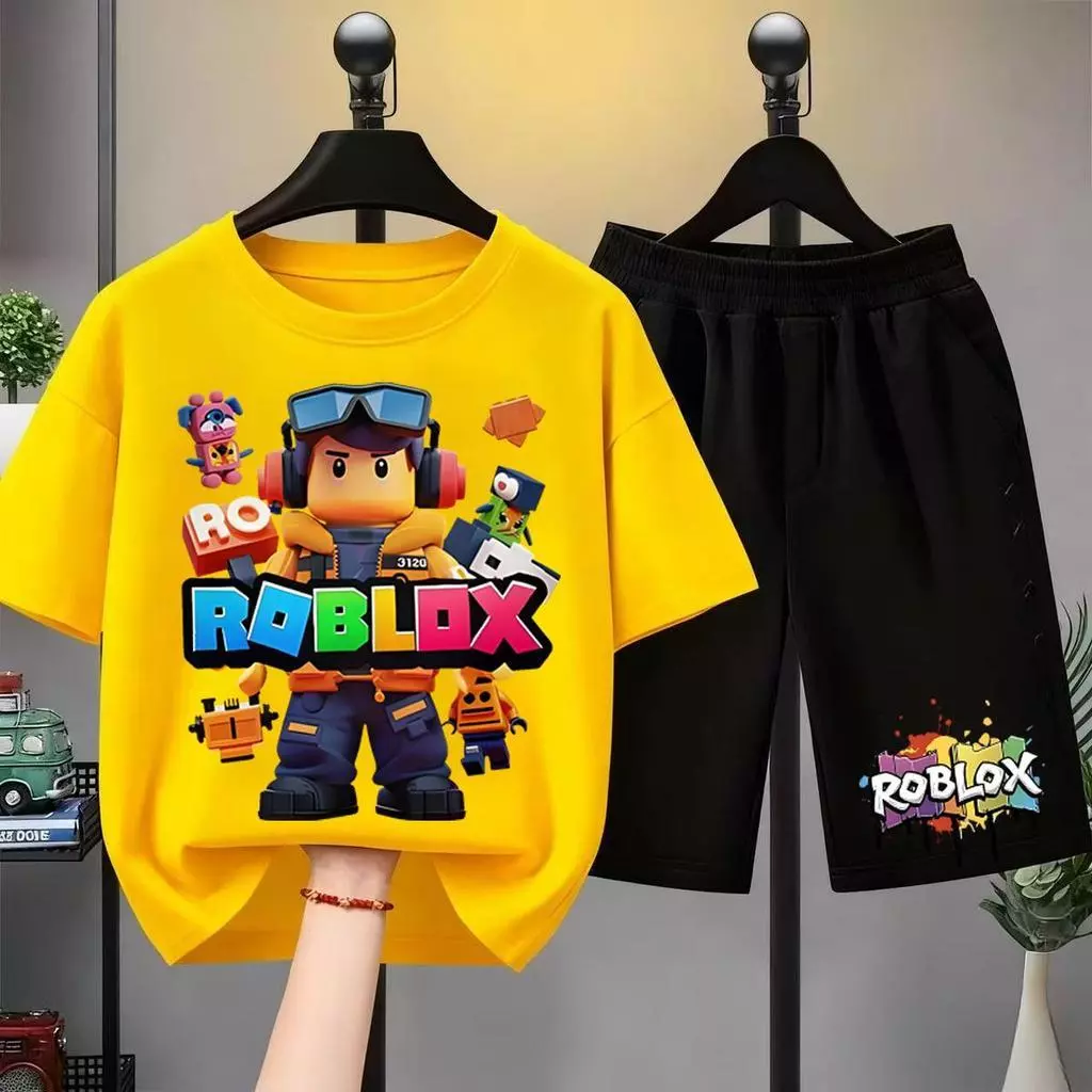 BOB [พร้อมส่ง] ชุดเด็กชาย Children Robloxเสื้อยืดเด็ก คอตตอน ชุดสูทเด็กผู้ชาย ชุดลำลอง 2 ชิ้น แฟชั่น สำหรับเด็กชายตัวเล็