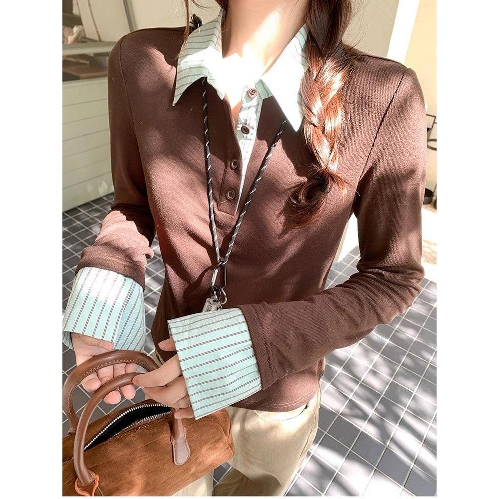 Bentoy พร้อมส่งในไทย( 3368 ) เสื้อยืดแขนยาว คอปกแบบโปโล ลายขวางเลเยอร์ปลอมฟิตกระชับ รูปที่ 3