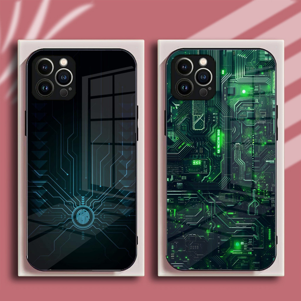 แฟชั่นในอนาคต Cyberpunk line สําหรับเคสไอโฟนกระจกนิรภัยซิลิโคนอ่อนนุ่มสีดํา 11 12 13 14 15 16 17 (pr