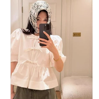 ❤easy❤ผู้หญิง ฝรั่งเศส โบว์ ผูกขึ้น เสื้อแขนสั้น เสื้อเชิ้ต สายรัด แขนพอง ตัวเล็ก เสื้อ