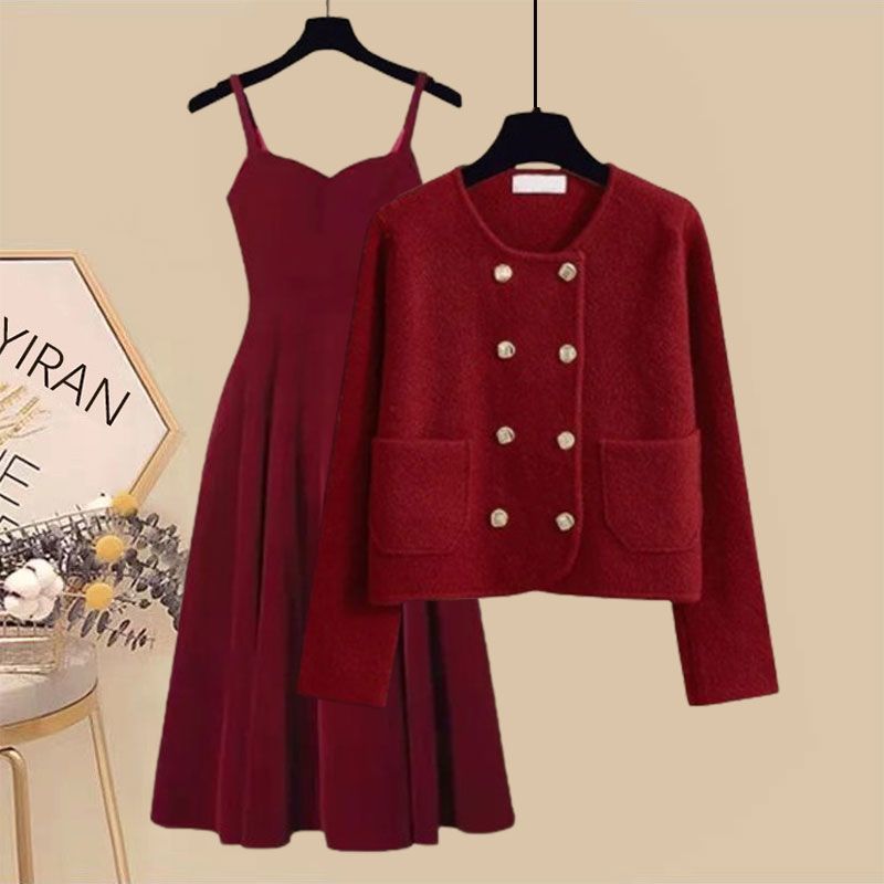 2026 แฟชั่น 2026ROSEL/Rosaer ฤดูหนาว 2024 สไตล์ใหม่รอบคอ All-Match Slimmer ดูเสื้อกันหนาวสีแดงชุด CO