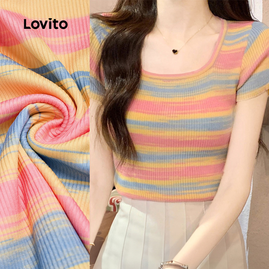 Lovito แฟชั่น U-คอแคบเอวสีสันด้านบนผู้หญิงสบายๆ TSB150P2D266