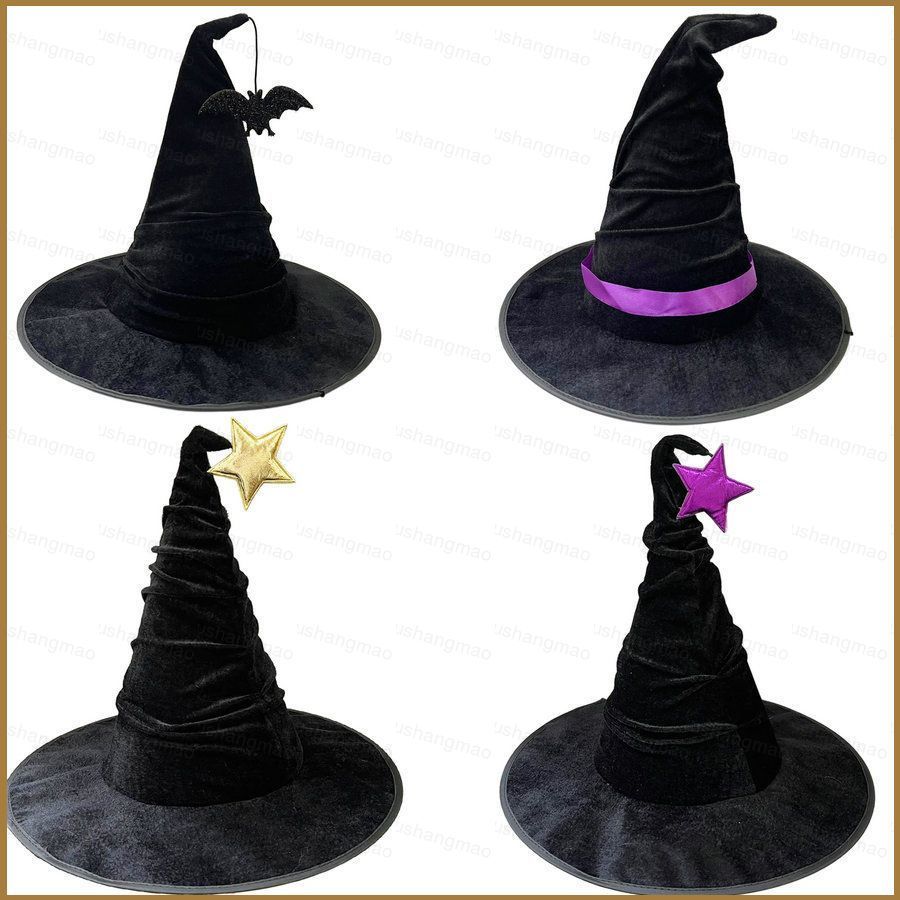 XX1J หมวกแม่มดฮาโลวีน Home Party คอสเพลย์แต่งตัวกํามะหยี่สีดํา Wizard หมวกแม่มด XX1J