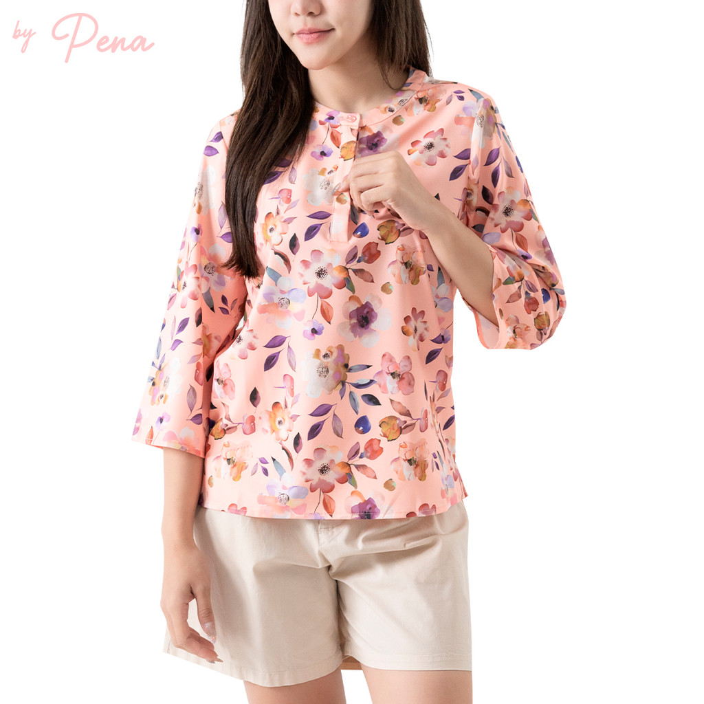 By Pena เสื้อเชิ้ตแขนยาวลายดอกไม้คอจีน BPSL022603