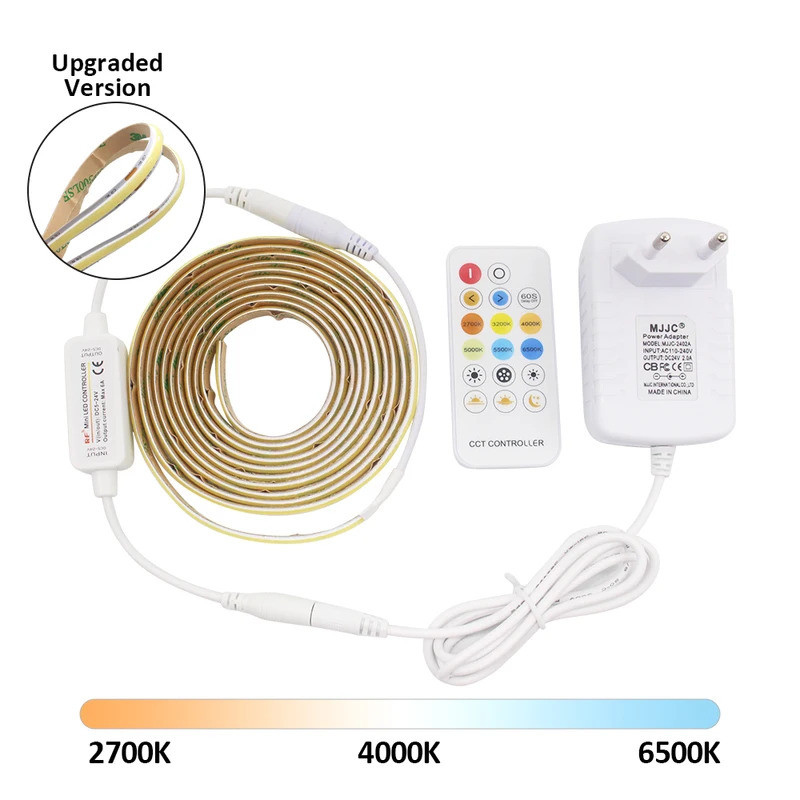 24V CCT 2wire COB LED Strip Light EU US ชุดความสว่างสูง WW CW หรี่แสงได้ริบบิ้นยืดหยุ่น RF 17Keys Remote Linear Lighting