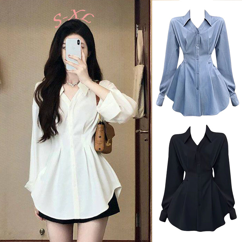 99321 เสื้อแขนยาวจีบเข้ารูปเอวแบบใหม่สำหรับผู้หญิง ปกเสื้อ เข้ารูป เหมาะสำหรับใส่ในฤดูใบไม้ผลิและฤดูใบไม้ร่วง