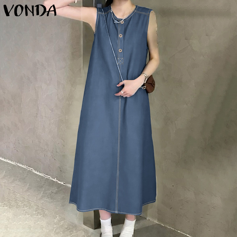 VONDA ดRESS แขนกุดสไตล์เกาหลีย้อนยุคสำหรับผู้หญิง ทรงแม็กซิ คอครึ่งปุ่ม เปิดหน้าอก สไตล์ STREET ใส่สบายในฤดูร้อน — صورة 6