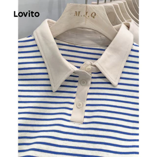Lovito แคชชวล เสื้อยืดลําลองเสื้อยืด บล็อกสี ลายทาง สําหรับผู้หญิง LNE29048 (น้ําเงิน/ดํา)