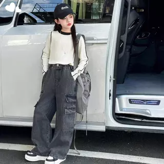 Girls Overall Jeans กางเกงขาตรง สีดํา หลวมสบาย Casual All-Match ไซส์ 110-160