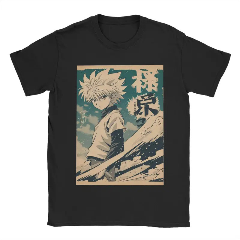 เสื้อยืดลายพิมพ์ Killua Vintage Warned Poster Hunter X Hunter สำหรับผู้ชาย ผ้าฝ้าย 100% คอกลม แขนสั้