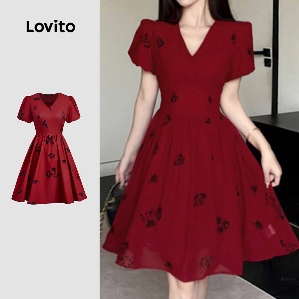 V คอแคบ-เอวแกว่งขนาดใหญ่ Monochrome พิมพ์ Dress-DRB158P2D1059
