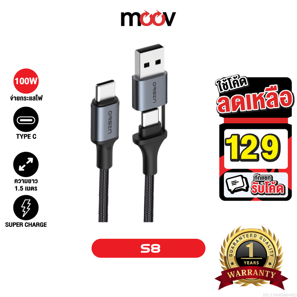 [129บ.โค้ดคุ้ม] Eloop S8 สายชาร์จเร็ว PD 100W 5A USB Type C to C ยาว 1.5 เมตร สายชาร์จโน๊ตบุ๊ค 2 in 