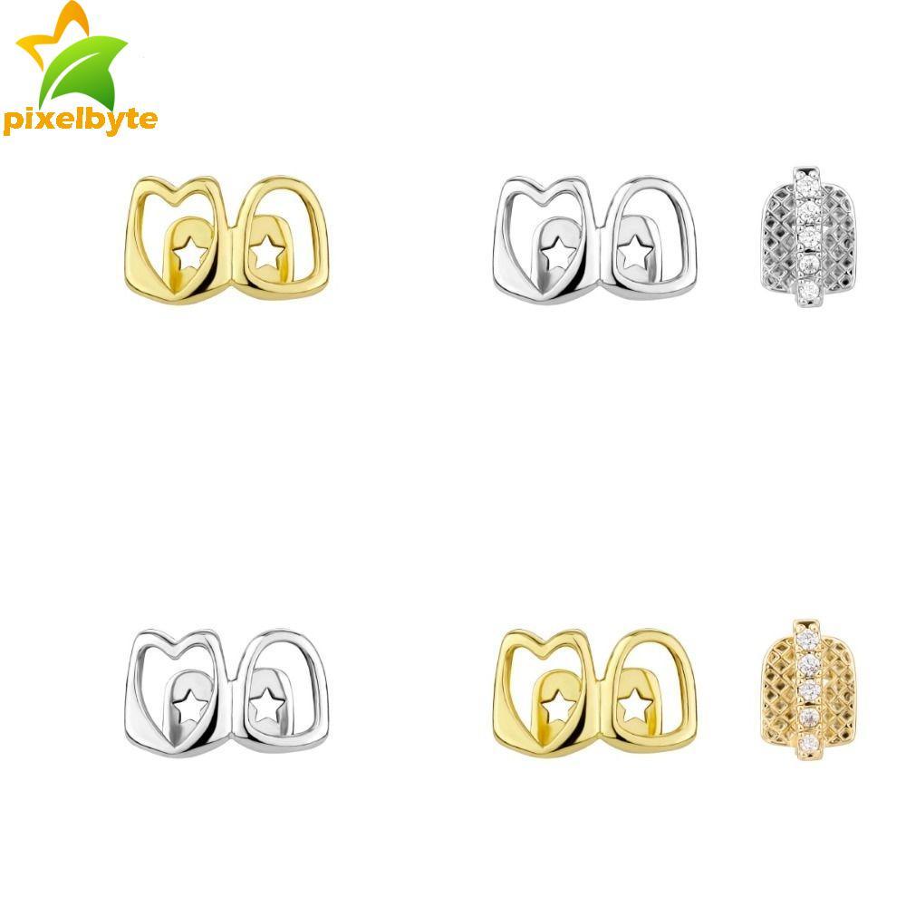Pixelbyte 1/2 ชิ้น Hollow Heart Grillz เพชรสังเคราะห์ สไตล์Hip Hop เครื่องประดับฟันแฟชั่น