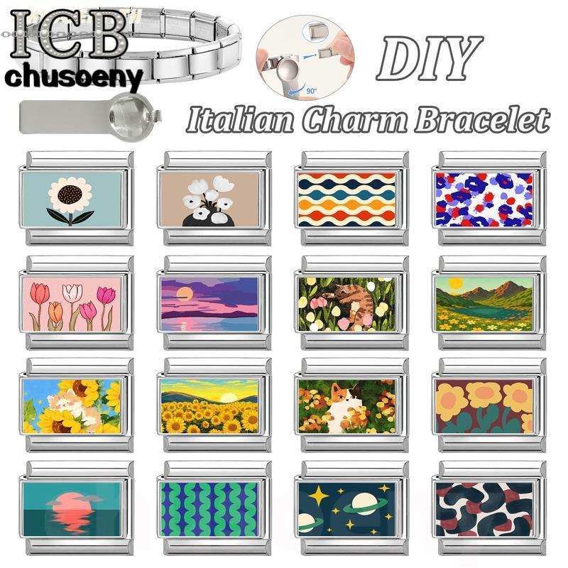 ภาพวาดสีน้ํามันภาพดอกไม้อิตาเลี่ยนสร้อยข้อมือ Charm Fit 9 มม.สร้อยข้อมือสแตนเลส DIY เครื่องประดับทําอุปกรณ์เสริมบุคลิกภาพโมดูลสร้อยข้อมือเครื่องประดับตกแต่ง