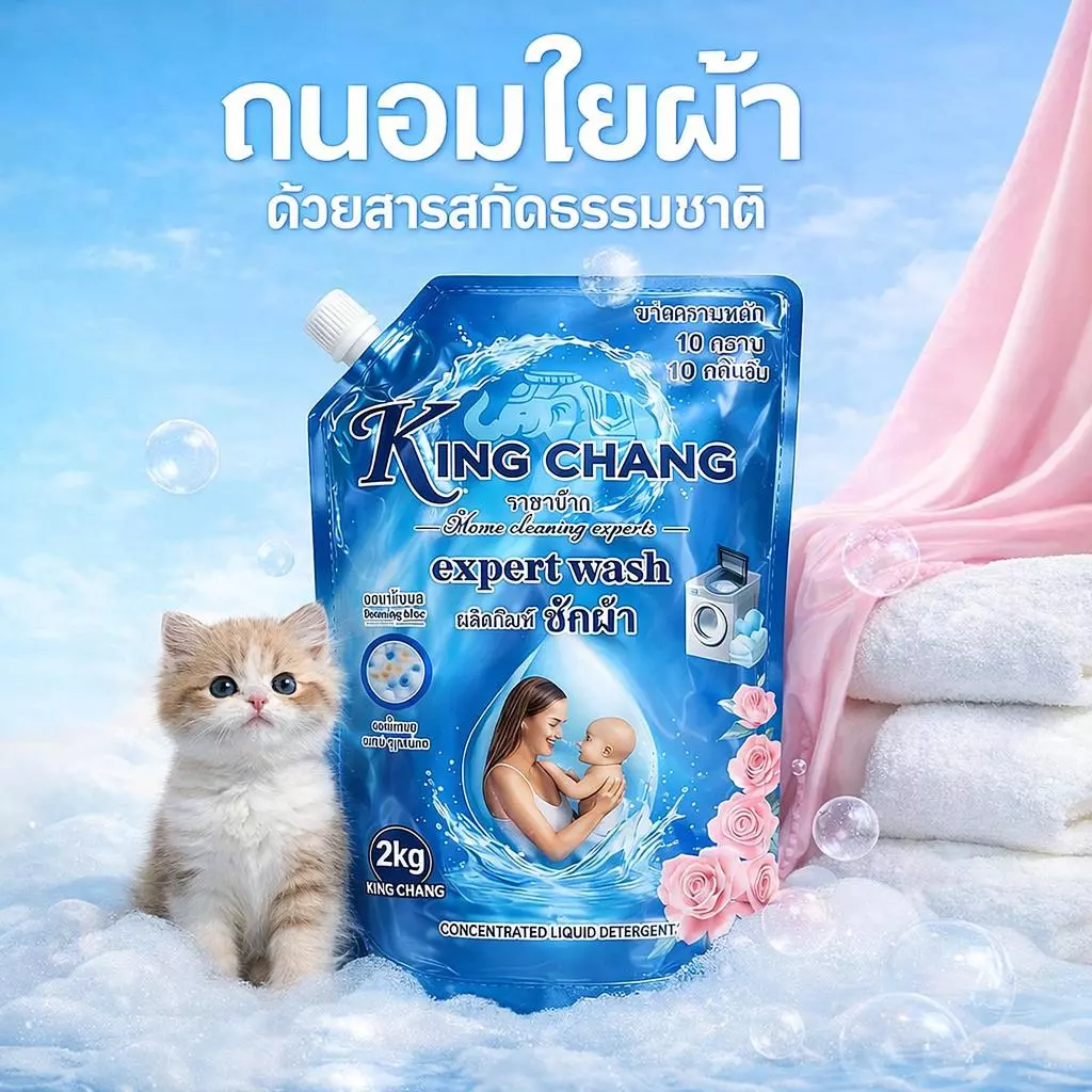 King Chang น้ำยาซักผ้าเข้มข้น 2kg กลิ่นบลูมมิ่งบลู ขจัดคราบหนัก หอมติดทน สูตรอ่อนโยน