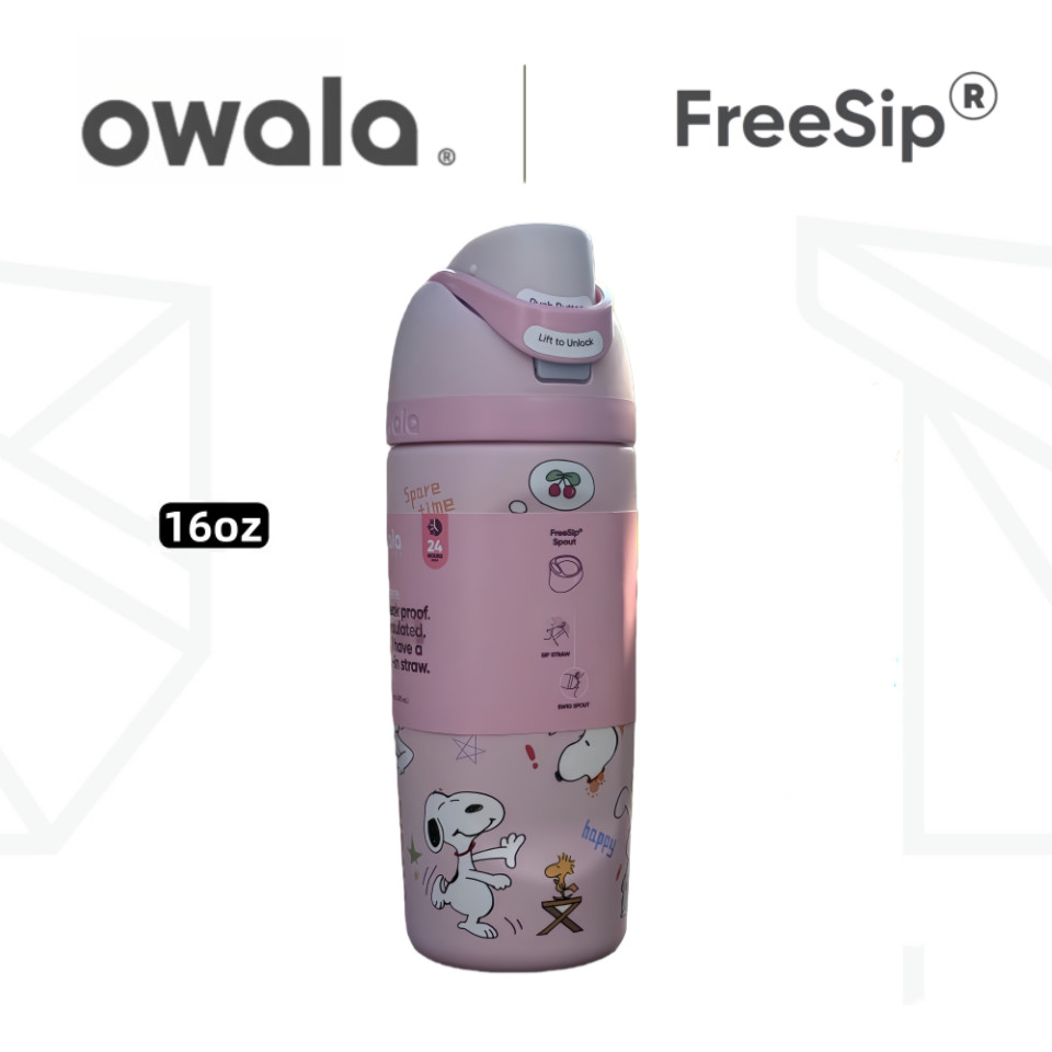 Owala Freesip 16oz ขวดน้ําสําหรับเด็ก, ถ้วยฟางป้องกันการรั่วไหลสแตนเลสหุ้มฉนวนพร้อมที่จับ, กระติกน้ําร้อนปลอดสาร BPA สําหรับเด็กวัยหัดเดินเด็กผู้หญิง