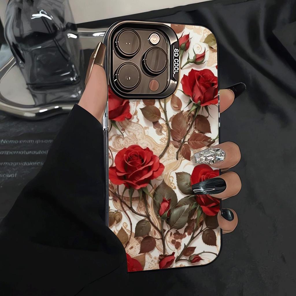 กุหลาบสีแดงสําหรับ iPhone17ProMax17Air17Pro เคสโทรศัพท์สีเงินเต็มรูปแบบ 16 เคสแข็ง 15