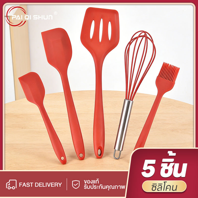 PQS ชุดอุปกรณ์ทำขนมซิลิโคน 5 ชิ้น ตะกร้อตีไข่ ไม้พาย แปรงทาเนย ทัพพี สีแดง/สีดำ