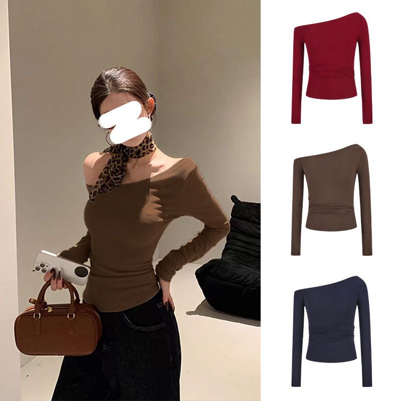 Moses Queen/Moses Queen เซ็กซี่สาวร้อนสไตล์ไหล่เฉียงเสื้อยืดผู้หญิงแขนยาว Slim-Fit Skinny Sli